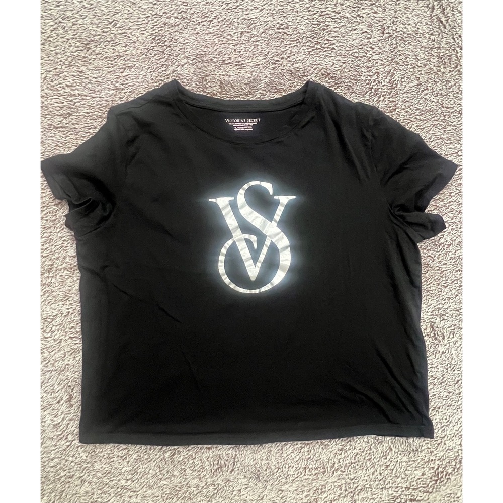 Victoria's Secret Women's XL Black Metallic Silver VS Logo Cotton Graphic Tee